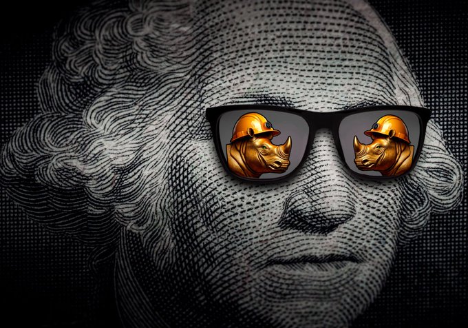 A stylized black-and-white engraved portrait of George Washington wearing sunglasses that reflect golden rhinoceros figures.
