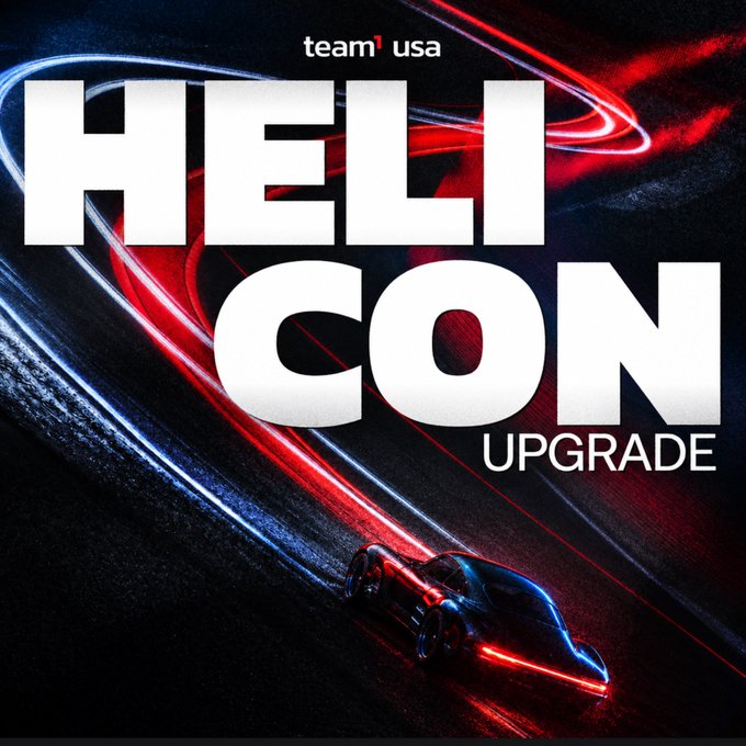 A promotional graphic for Team USA featuring the bold text 'HELI CON UPGRADE' against a dark background with red and blue light trails and a futuristic sports car.