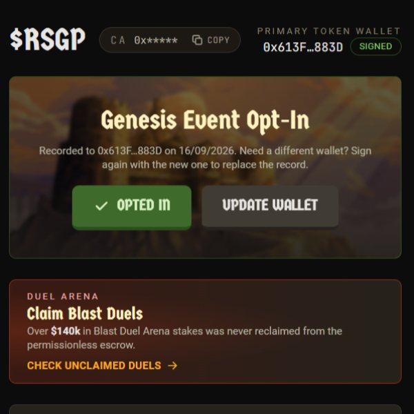 The image shows a Cambria $RSGP token wallet interface displaying "Genesis Event Opt-In" status, with the primary token wallet address 0x613F...883D marked as "SIGNED" and "OPTED IN," recorded on 16/09/2026, alongside a "Duel Arena" section noting over $140k in unclaimed Blast Duel Arena stakes, directly illustrating the Genesis registration process mentioned in the post about lobby.cambria.gg/tokenLogin.