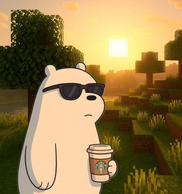 An animated white bear wearing sunglasses and holding a Starbucks coffee cup, standing in a pixelated Minecraft-style landscape at sunset.