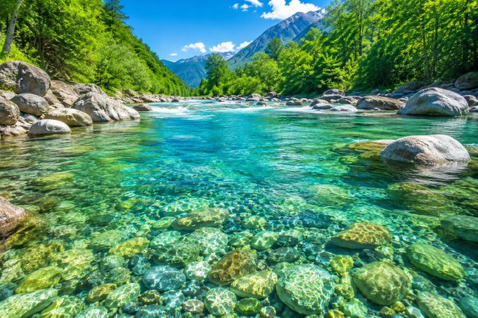 The image shows a beautiful river with clear blue water, surrounded by lush green trees and mountains. The perspective of the photo is from below, looking up at the river as if you are standing right next to it. The caption above the image provides information about the location or the source of the river, but does not provide any additional details about the surrounding scenery.