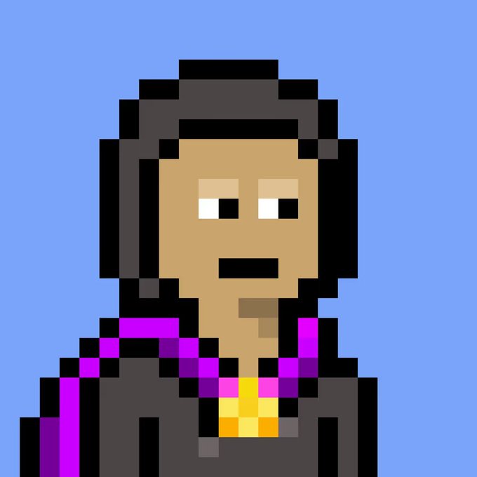 Pixel-art portrait of a hooded character with brown skin, goatee, and a purple robe with a gold chain, set against a blue background.