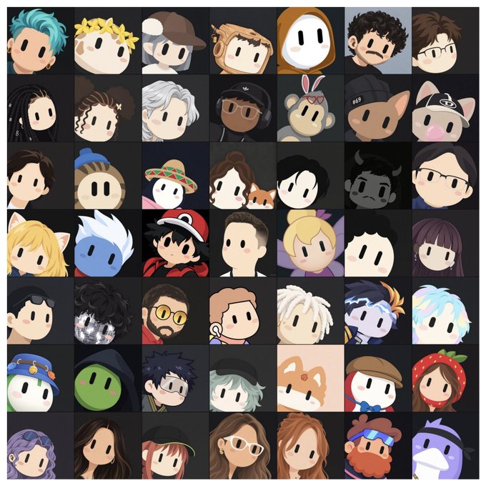 A grid of various cartoon-style avatars with different hairstyles, hats, glasses, and animal features (including cats and horns) on dark backgrounds.