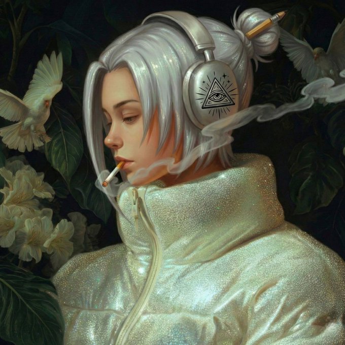 Digital art portrait of a silver-haired woman wearing headphones with an eye-in-triangle symbol, smoking a cigarette while surrounded by white doves and lush greenery.