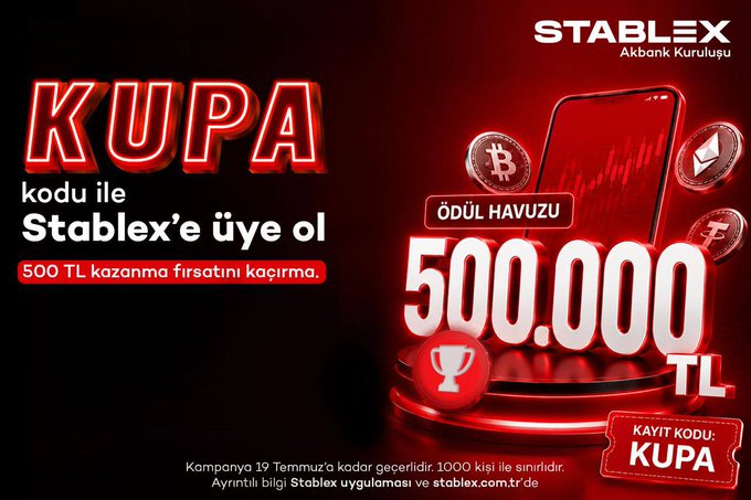 This image is an advertisement for Stablex, a platform backed by Akbank, announcing a campaign with a 500,000 TL prize pool and the registration code "KUPA." The accompanying post encourages users to join Stablex with the "KUPA" code to potentially win from the prize pool.