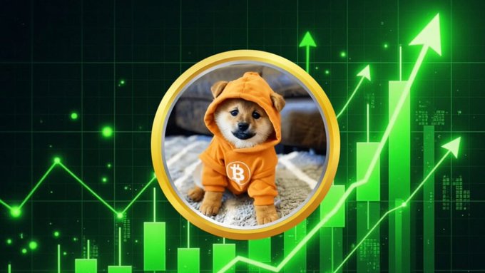 Meme-style image showing a Shiba Inu dog wearing an orange Bitcoin hoodie inside a gold coin, with rising green candlestick chart and upward arrows in the background.