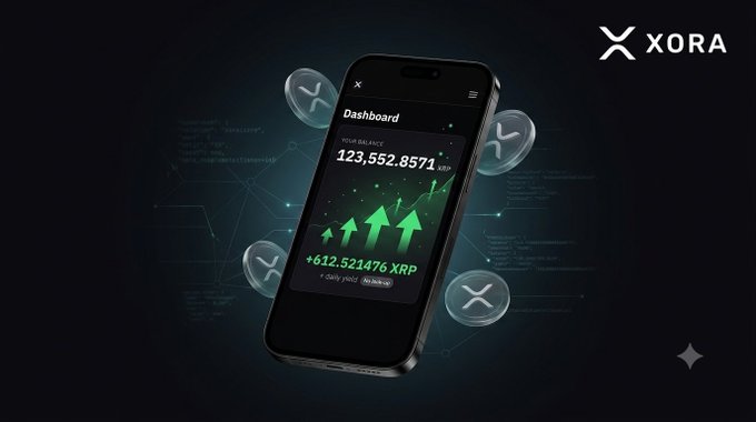 A promotional image for XORA displays a smartphone showing a dashboard with a balance of '123,552.8571 XRP' and daily yield of '+612.521476 XRP' against a dark background with XRP logos.