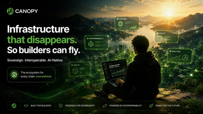 A promotional graphic for Canopy with the text 'Infrastructure that disappears. So builders can fly.' featuring a person on a laptop with floating UI panels over a mountain cityscape.