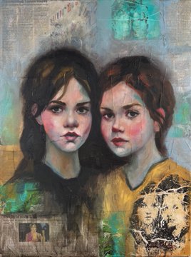 A mixed-media painting of two young girls with serious expressions, surrounded by collaged elements including newspaper text and abstract textures.