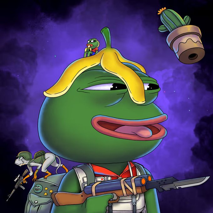 A digital illustration of a Pepe the Frog character with a banana peel on its head, holding a rifle, wearing a soldier outfit, with small zombie and alien figures nearby against a purple background.