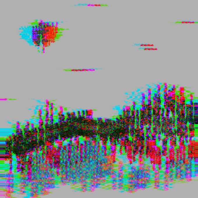 A heavily distorted, glitch-art style image with bright pixelated blocks of red, green, blue, and black against a light gray background.