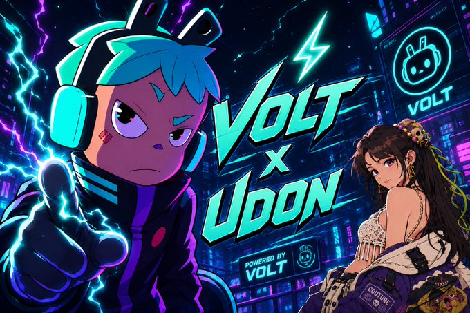 Vibrant promotional graphic for 'VOLT x UDOON' featuring a blue-haired cartoon character with lightning effects and an anime-style female character against a neon cityscape background.