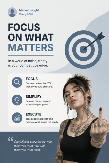 A 'Market Insight' infographic dated '18 Aug 2026' titled 'FOCUS ON WHAT MATTERS' featuring a target graphic and three points (FOCUS, SIMPLIFY, EXECUTE), alongside a tattooed woman in a black top.
