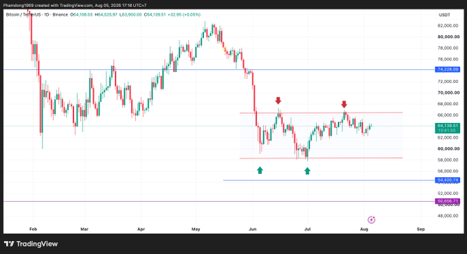 A TradingView candlestick chart for Bitcoin (BTC/USDT) on Binance showing price action from February to September, with red and green arrows marking support and resistance levels at approximately $60,000, $64,000, $74,000, and $80,000.