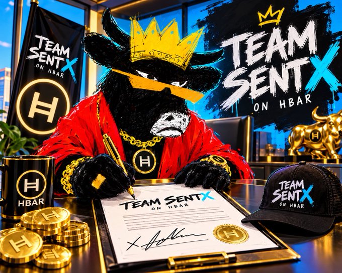 A promotional graphic featuring a stylized bull wearing sunglasses and a crown, signing a "Team SentX on HBAR" contract, with logos for HBAR and Team SentX.