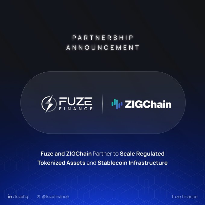 iced card with blue background and white text announcing a partnership between FUSE and ZIGCHAIN, with a graphic of the logos on either side.