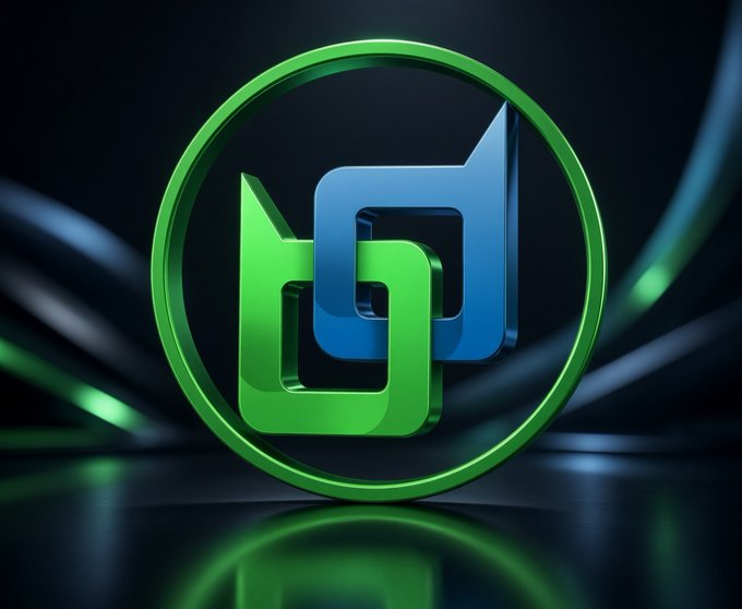 A 3D rendered logo featuring interlocking green and blue geometric shapes inside a circular green frame against a dark background with green light streaks.