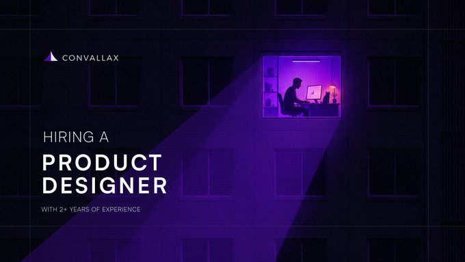 A job advertisement graphic from 'CONVALLAX' announcing they are 'HIRING A PRODUCT DESIGNER' with 2+ years of experience, featuring an illustration of a person working at a computer illuminated by purple light.