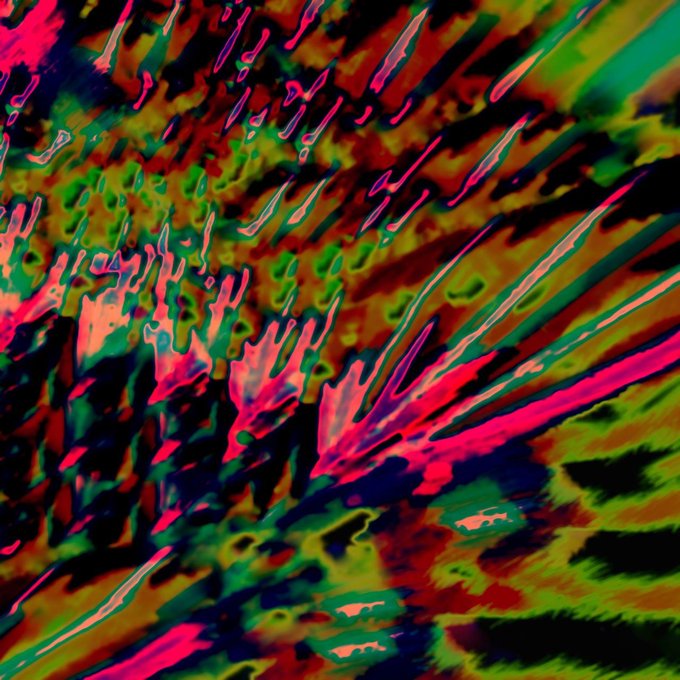 Abstract digital artwork with vibrant, glitchy streaks of pink, green, orange, and black radiating outward in an explosive, chaotic pattern.