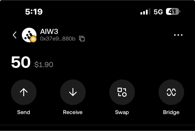 A screenshot of a crypto wallet showing a balance of 50 AIW3 tokens (worth $1.90) with options to Send, Receive, Swap, and Bridge, crediting a small airdrop received from "@Ayo_marv2."