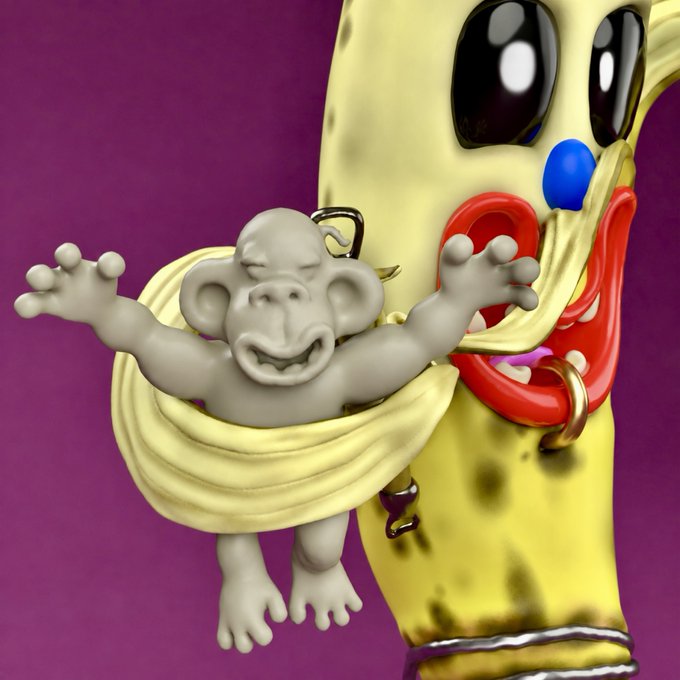**Banana Monkey:** A 3D-rendered whimsical figure of a small gray monkey emerging from a peeled banana character with large expressive eyes against a purple background.