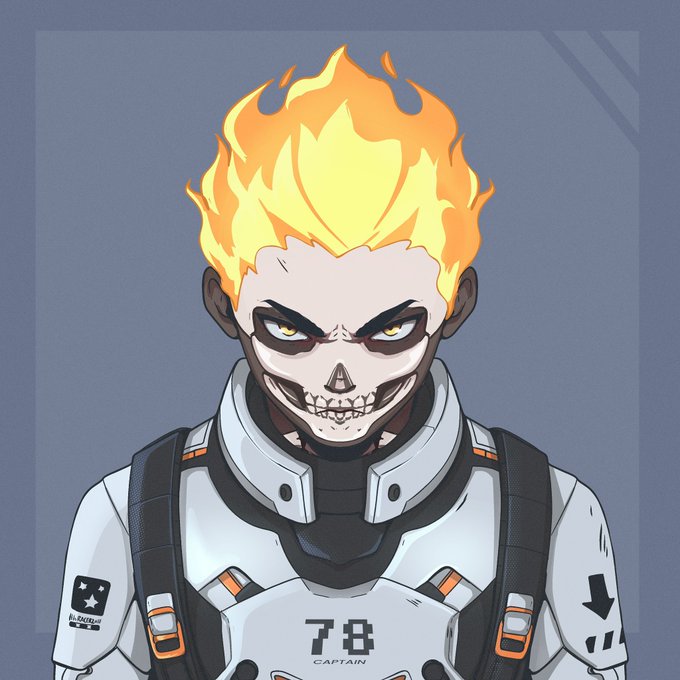 The image features an illustration of a person wearing a white suit with orange accents, resembling a robot or cyborg-like figure. The character has a skull design on their face, giving them a unique appearance. The caption below the image reads "I like this one but i am yet to get spots Not sure who exactly is the cm but hey @Michelangel_art let’s do something I personally have gotten spot for myself but my communities will love to be a part of what you are building".