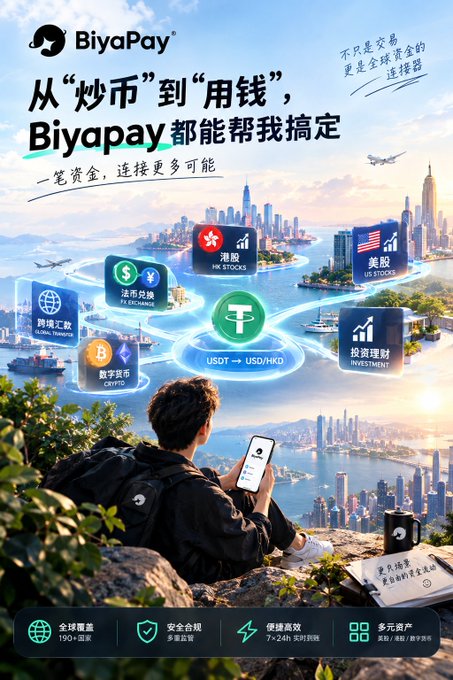 A young man sits on a cliffside overlooking a global cityscape, using the BiyaPay app on his smartphone, with floating icons around him representing cross-border financial services including "US Stocks," "US/HKD" currency exchange, "FX Exchange," "Global Remittance," "CRYPTO," and "Investment." The ad's headline reads "从'炒币'到'用钱', Biyapay 都能帮我搞定" (From "Crypto Trading" to "Spending Money," Biyapay can handle it all), emphasizing features like global coverage in 190+ countries, secure compliance, 7×24 fast service, and multi-currency assets, visually reinforcing the post's theme of transitioning from merely trading USDT to practically using it for everyday expenses like dining out.