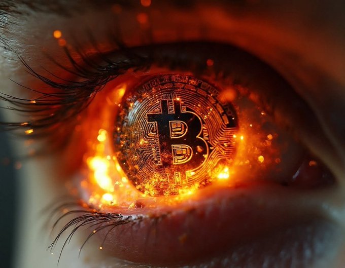 A close-up of a human eye with the iris replaced by a glowing Bitcoin symbol surrounded by fiery orange and red hues with circuit board details.