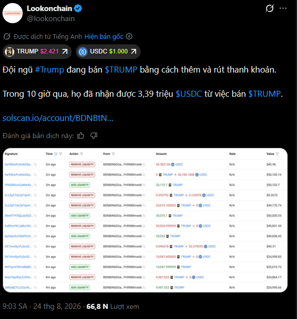 A Vietnamese-language X post by @lookonchain showing $TRUMP token liquidity transactions on Solscan, noting that in the past 10 hours, 3.39 million $USDC was received from selling $TRUMP.