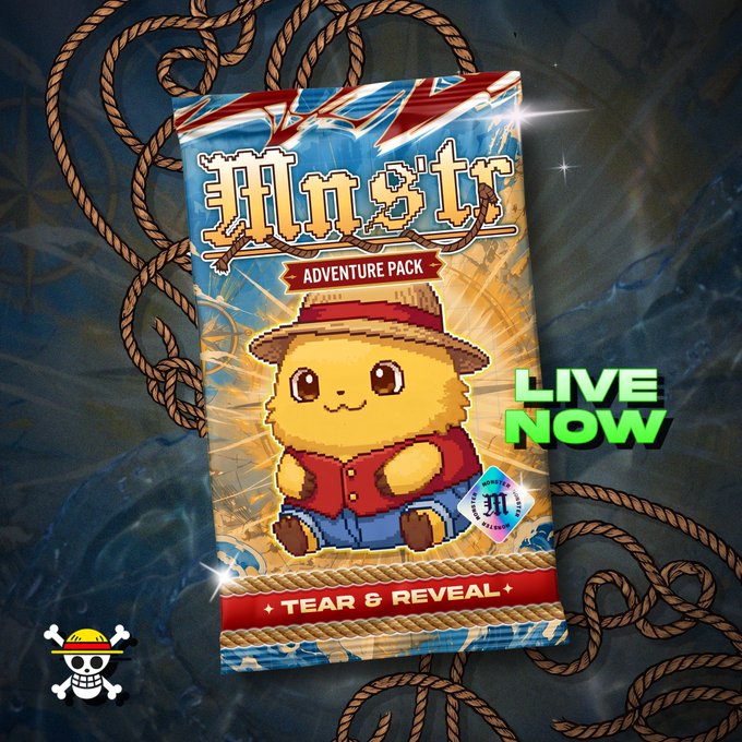 The image features a cartoon character wearing a red shirt, sitting down with a smile on his face. The character appears to be a small yellow animal or a cute little person. The background of the image consists of ropes and strings, giving off an adventurous vibe. In the bottom right corner of the image, there is text that reads "Live Now" followed by "Tear & Reveal". This suggests that the post might be promoting a new adventure pack for cartoon characters or a related product.