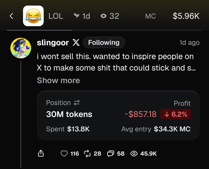 A screenshot of a tweet from user "slingoor" (who you follow) about the $LOL meme coin, where he claims he "won't sell" and wanted to "inspire people on X to make some shit that could stick," while his on-chain position shows a current loss of -$857.18 (6.2%) on 30M tokens with $13.8K spent at a $34.3K market cap. The tweet illustrates the post's narrative of Slingooor allegedly rug-pulling $LOL holders after publicly promising not to sell, prompting warnings for $LMAO holders to exit before he does the same.