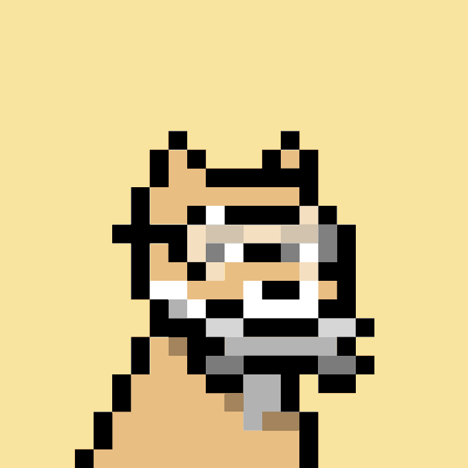 A yellow background displaying a partially pixelated 8-bit style character with brown and gray features.