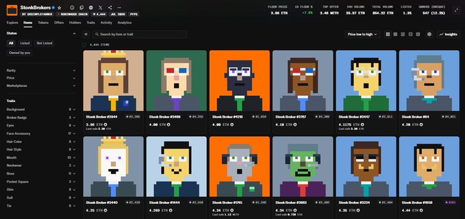 The image displays the StockBrokers NFT marketplace interface, showing a grid of pixel-art character NFTs (including Shook Broker #244 priced at 4 ETH) with a left sidebar of trait filters and top stats indicating a floor price of 3.30 ETH and 921 NFTs owned. This directly aligns with the post requesting to see "4E FP" (4 ETH floor price) for the StockBrokers collection, though the current floor price shown is actually 3.30 ETH.
