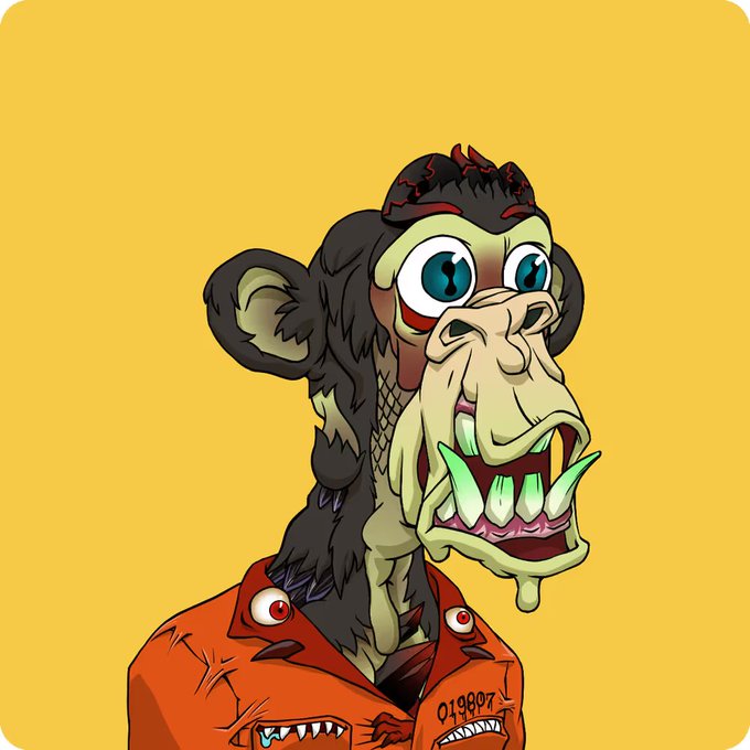 The image features an orange-colored monkey with a face, dressed in an orange shirt or jacket, standing against a yellow background. The monkey has a mouth full of teeth and appears to be wearing a hat. There are also some text elements present in the image that read "Been eyeing this clean M2 for a while and finally managed to get it today! Couldn'T be more stoked #MAYC @BoredApeYC @yugalabs". The monkey's outfit, along with its facial features, gives off an impression of being a cartoon character or a mascot.