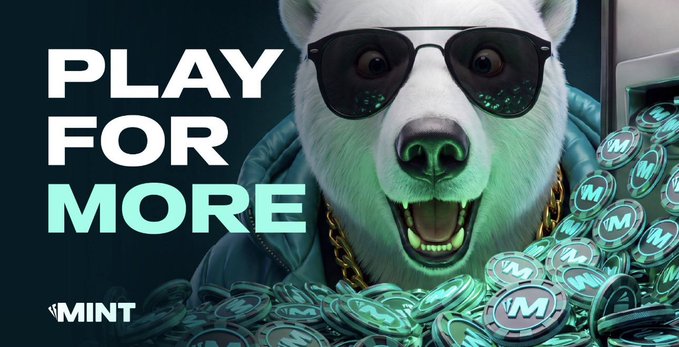 A promotional graphic featuring a polar bear wearing sunglasses surrounded by coins, with the text 'PLAY FOR MORE' and a 'MINT' logo.