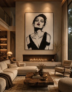 A modern, warmly lit living room features a large framed black-and-white portrait of a woman hanging above a linear fireplace, with a wooden coffee table and beige sofa in the foreground.