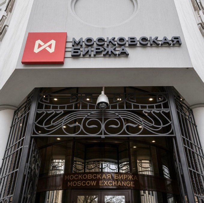 The entrance to the 'МОСКОВСКАЯ БИРЖА / MOSCOW EXCHANGE' building, featuring a red logo and ornate metalwork above the doors.