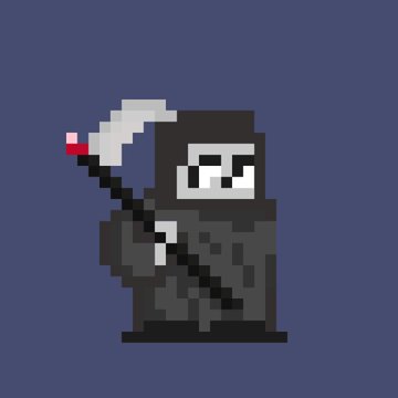 A pixel art depiction of a grim reaper with a scythe and a question mark on its face, set against a dark blue background.