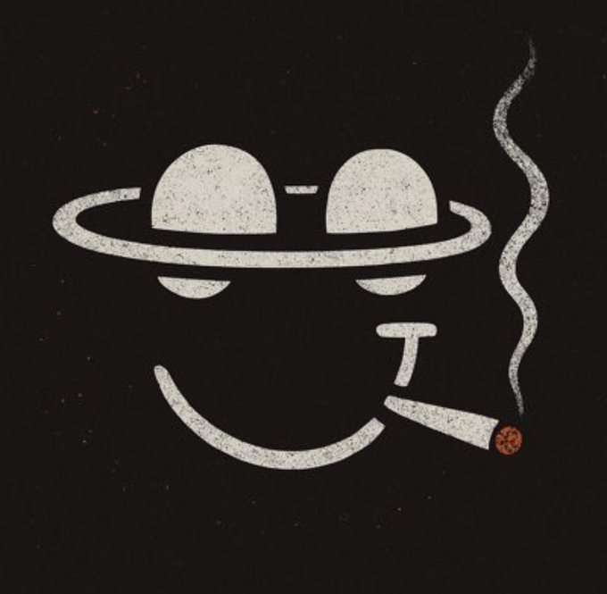 A black and white illustration of a smiley face wearing sunglasses and smoking a cigarette, with smoke rising.