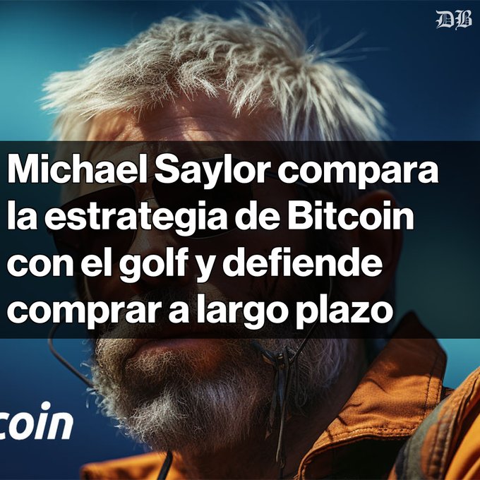 Article headline in Spanish reads 'Michael Saylor compara la estrategia de Bitcoin con el golf y defiende comprar a largo plazo' overlaid on a close-up portrait of a man with white hair and sunglasses, with 'coin' visible at the bottom.