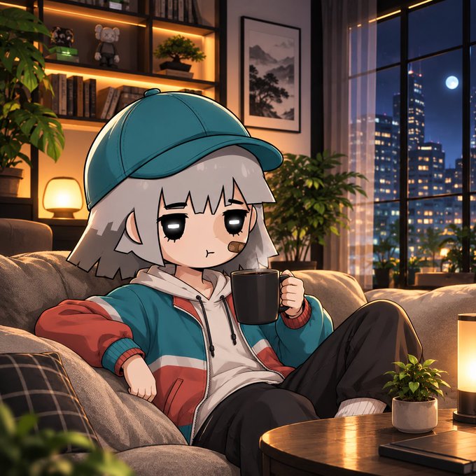 An anime-style chibi character with grey hair, a blue cap, and a blue and red jacket lounges on a couch holding a coffee mug, with a nighttime cityscape visible through the window.