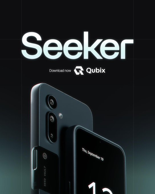 Promotional graphic for the Qubix app's launch on Seeker, featuring two dark smartphones with one displaying "Thu, September 19," set against a dark background with bold "Seeker" text and "Download now Qubix" call-to-action above the devices.