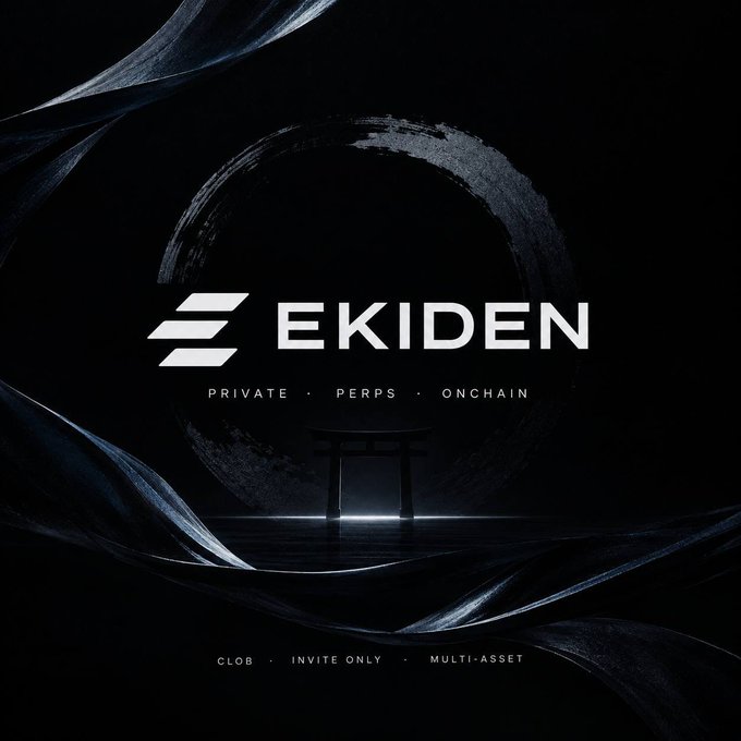 A dark, cinematic promotional graphic for "EKIDEN" featuring a minimalist torii gate silhouette beneath a brushstroke moon, with flowing black ribbons framing the scene. The text reads "PRIVATE · PERPS · ONCHAIN" beneath the logo, and "CLUB · INVITE ONLY · MULTI-ASSET" at the bottom, visually reinforcing the post's message of a private, invite-only perpetuals exchange with privacy-focused design.