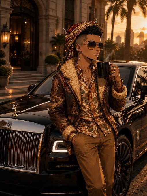 An AI-generated image of a stylish man in a patterned fur-lined jacket and headscarf, holding a coffee cup while leaning against a luxury Rolls-Royce at sunset.