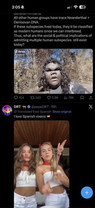 A mobile screen showing two X/Twitter posts: one by Jackson Allers (@jacksonallers) discussing Neanderthal DNA and modern human subspecies, and another by DRT (@pepeDRT) captioned 'I love Spanish vixens 🇪🇸' featuring two women in white outfits.