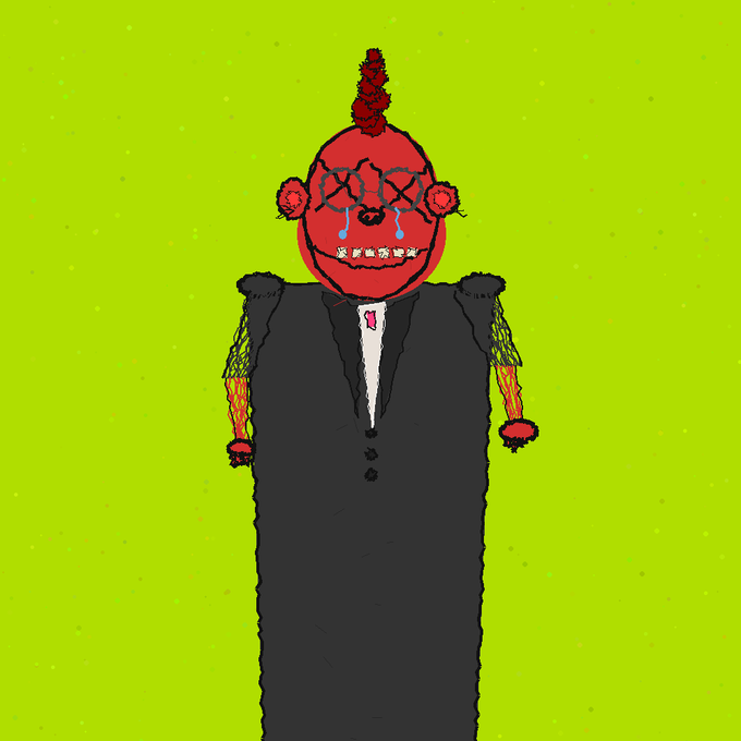 A surreal illustration features a red-faced, crying character with X-shaped eyes and a wide grin wearing a black suit and tie, topped with a spiky mohawk. The provocative, chaotic imagery aligns with the post's "Being dumb deserves some reward" tagline for a giveaway of 3,333 supply tokens, encouraging engagement through likes, retweets, and wallet submissions.