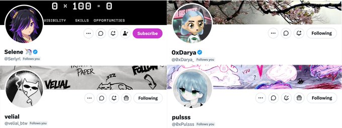 A Twitter profile grid showing four accounts: Selene (@Seiiryi_), OxDarya (@0xDarya_), velial (@velial_btw), and pulsss (@0xPulsss), all marked as 'Follows you'.