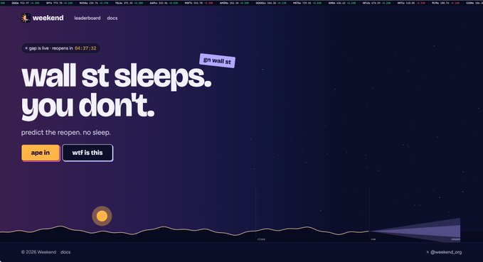 A dark-themed website for 'weeknd' displays the headline 'wall st sleeps. you don't.' with an 'ape in' button and the tagline 'predict the reopen. no sleep.'