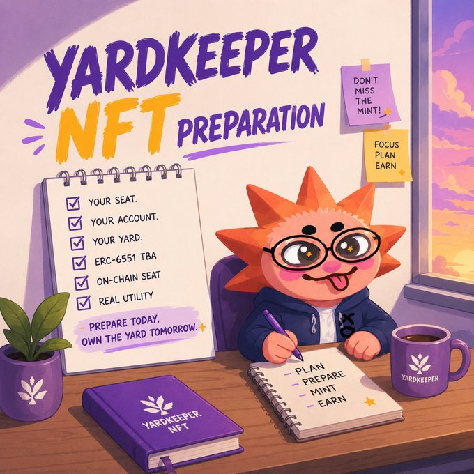 A colorful cartoon-style promotional graphic titled 'YARDKEEPER NFT PREPARATION', featuring a spiky orange character writing in a notebook with a checklist showing items like 'YOUR SEAT', 'YOUR ACCOUNT', and 'ERC-6551 TBA'.