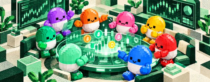 A colorful digital illustration of pixel-style characters wearing face masks gathered around a glowing holographic table with charts and graphs.